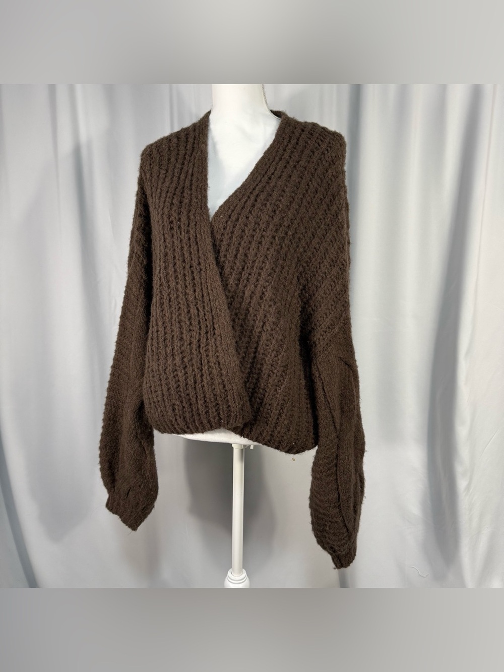 Free People Chocolate Brown Alpaca Wool Wrap Sweater Cozy Dark Academia Knit
